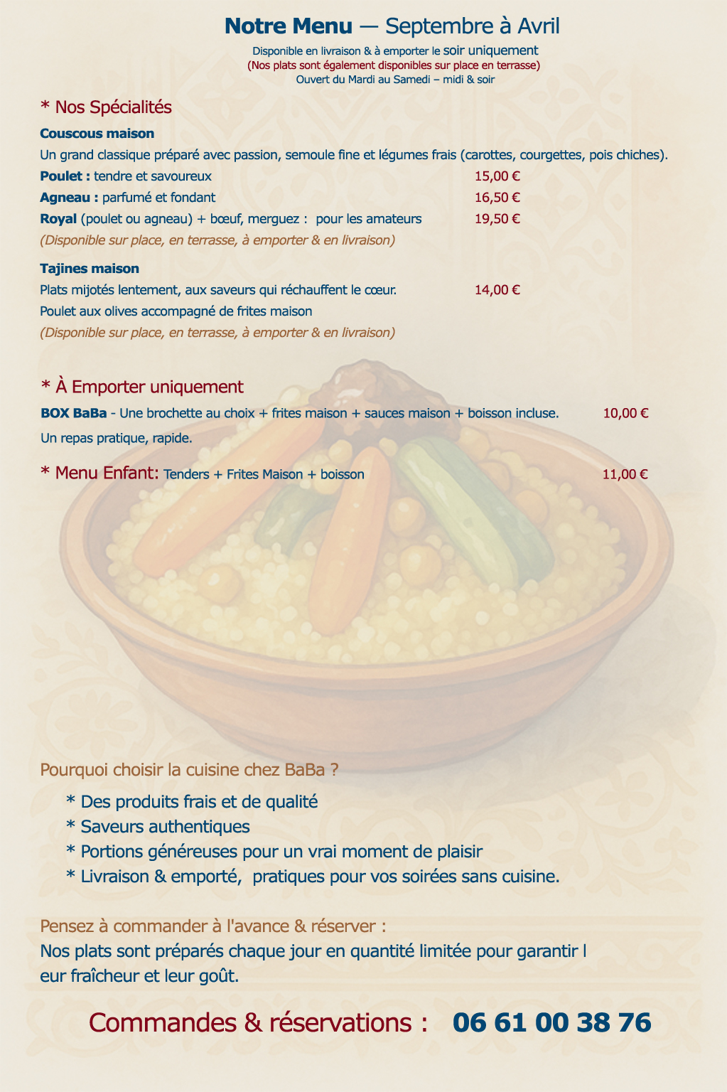 Menu Sur place & Emporter